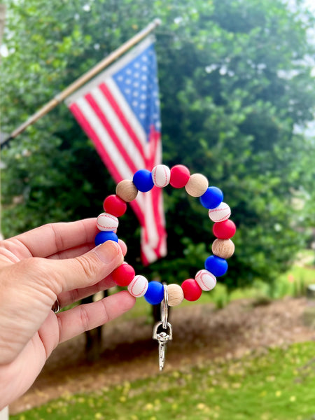 Patriotic Baseball Wristlet Keychain