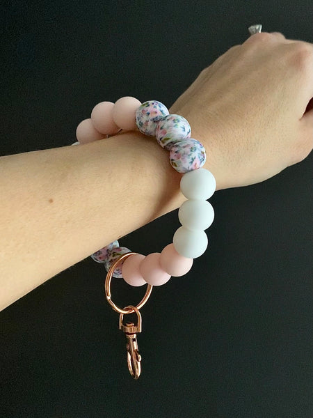Soft Pink Floral Adult Wristlet Keychain