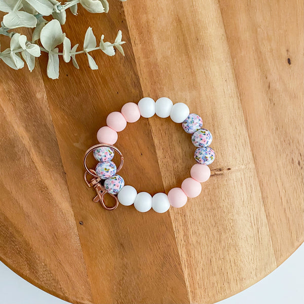 Soft Pink Floral Adult Wristlet Keychain