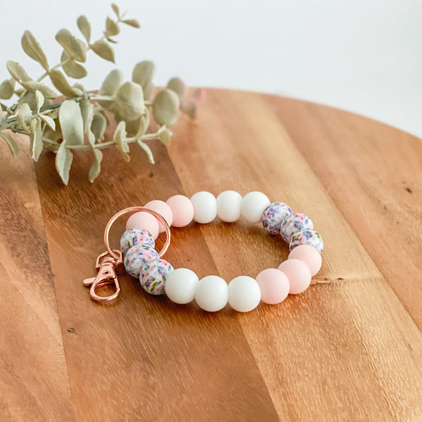 Soft Pink Floral Adult Wristlet Keychain